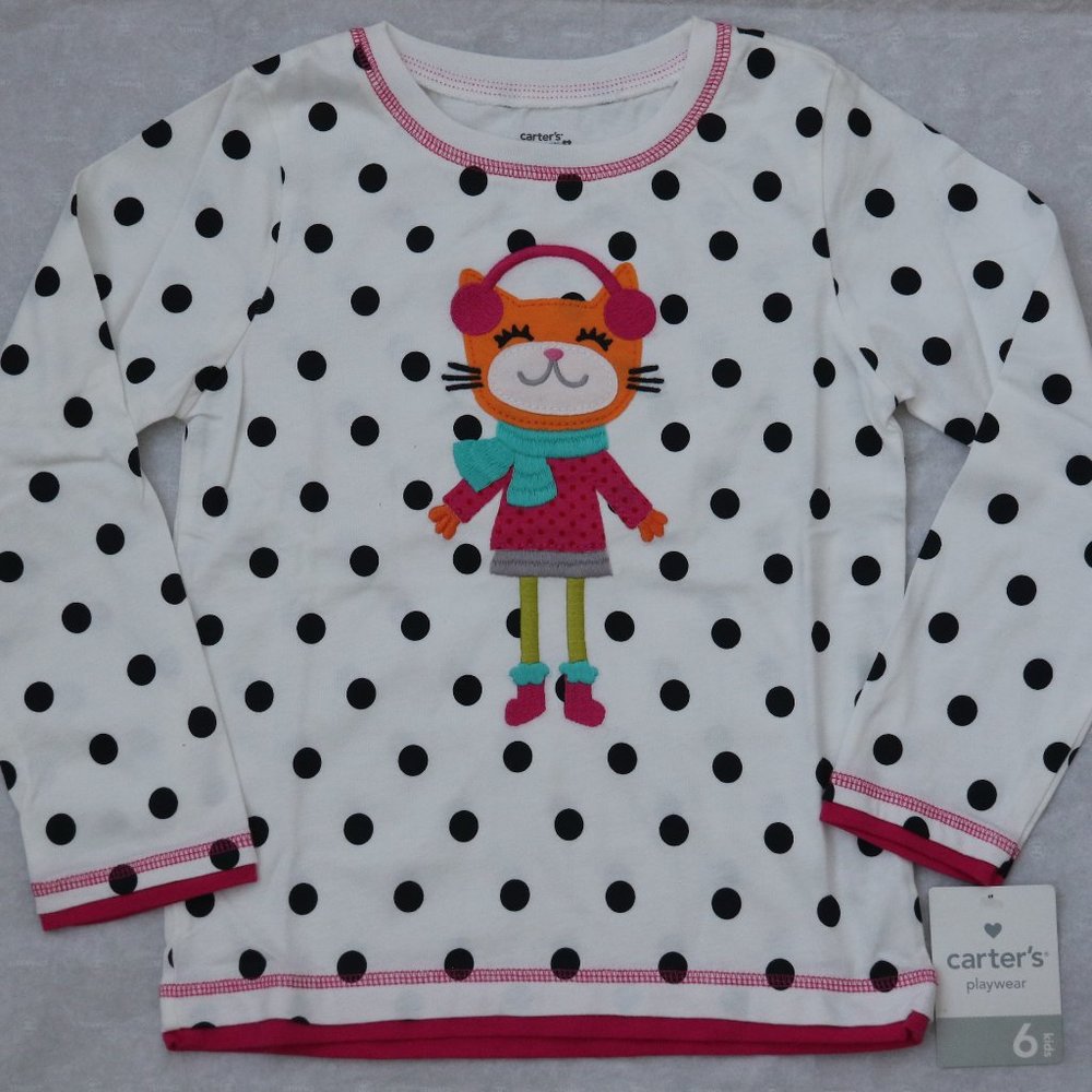 Carter`s Playwear Cat Long Sleeve T Shirt Top 100% Cotton 6 6X White Polka Dot